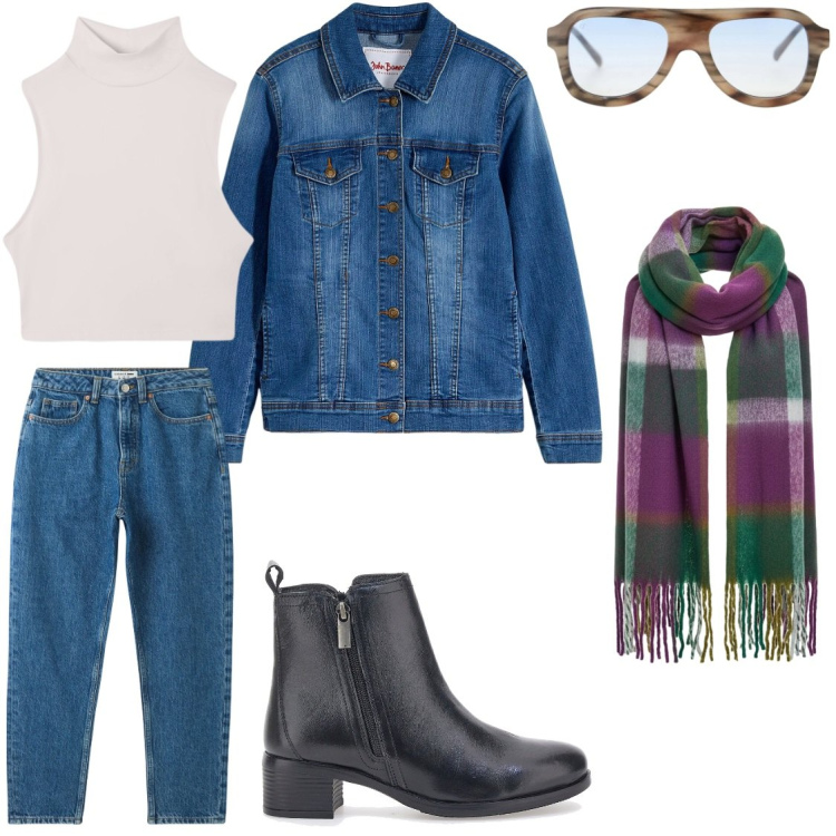 Outfit donna - Denim in autunno. Stile Trendy per Tutti i giorni. Abbinamento con blazer, jeans mom, top, occhiali da sole, stivaletti, sciarpe.