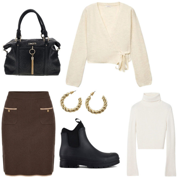 Outfit donna - Espresso crema. Stile Casual per Tutti i giorni. Abbinamento con cardigans, maglieria, orecchini, gonne, stivali, borse a mano.