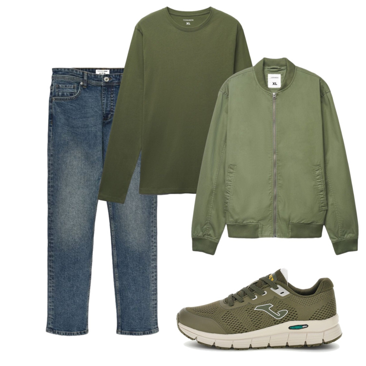 Outfit uomo - Ottobre. Stile Casual per Tutti i giorni. Abbinamento con t-shirt, jeans, bomber, sneakers.