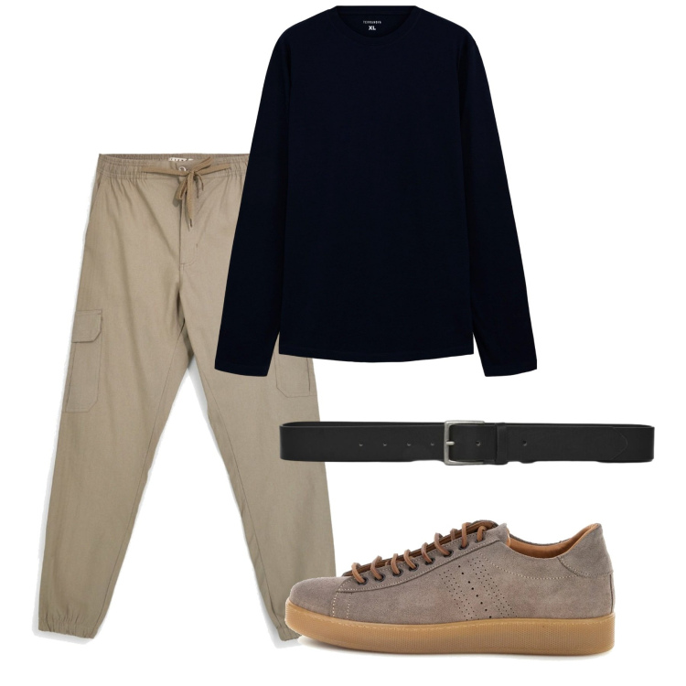 Outfit uomo - Ottobre. Stile Urban per Tutti i giorni. Abbinamento con t-shirt, cinture, sneakers, pantaloni cargo.