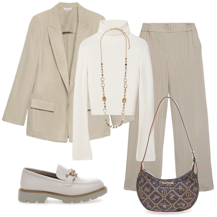 Outfit donna - Sfumature Sabbia e dettagli trendy. Stile Chic per Ufficio. Abbinamento con collane, maglieria, blazer, pantaloni, borse a tracolla, mocassini.