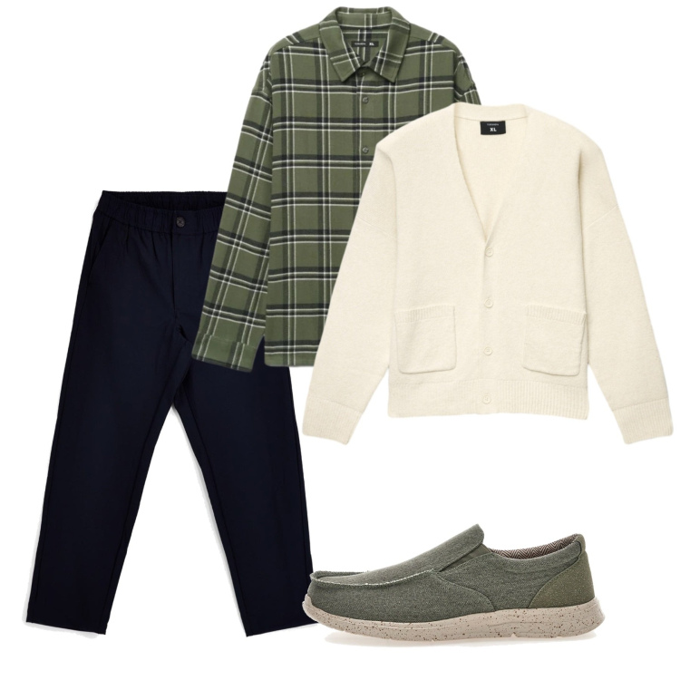 Outfit uomo - Autunno. Stile Casual per Tutti i giorni. Abbinamento con camicie, cardigans, scarpe stringate, pantaloni.