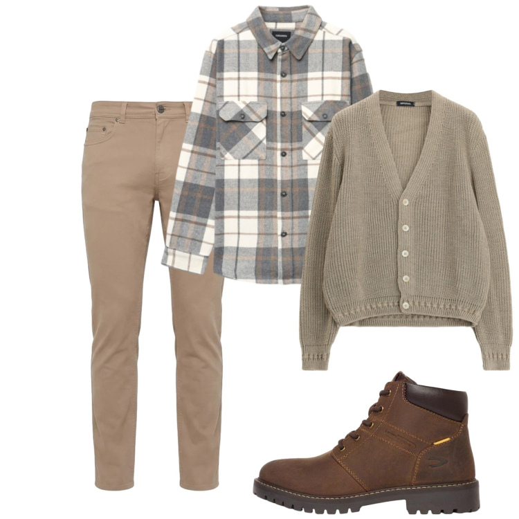 Outfit uomo - Weekend ottobre. Stile Casual per Tutti i giorni. Abbinamento con pantaloni, cardigans, camicie, stivali e stivaletti.