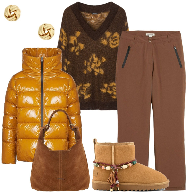 Outfit donna - Scuola. Stile Casual per Scuola/Università. Abbinamento con borse a spalla, maglieria, orecchini, piumini, pantaloni, stivali.