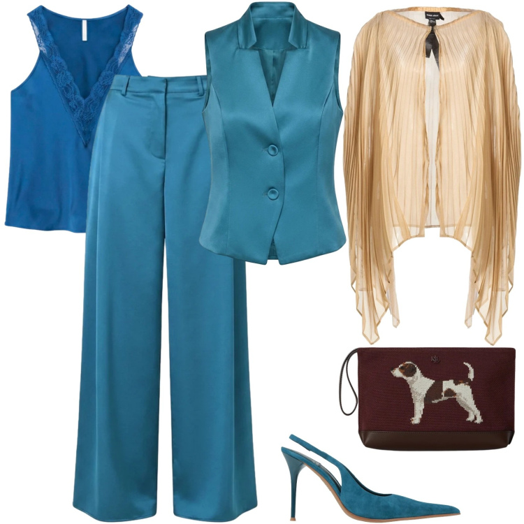 Outfit donna - Aperitivo in galleria. Stile Chic per Serata fuori. Abbinamento con canottiere, pochette, gilet, pantaloni a palazzo, cappe, décolleté.