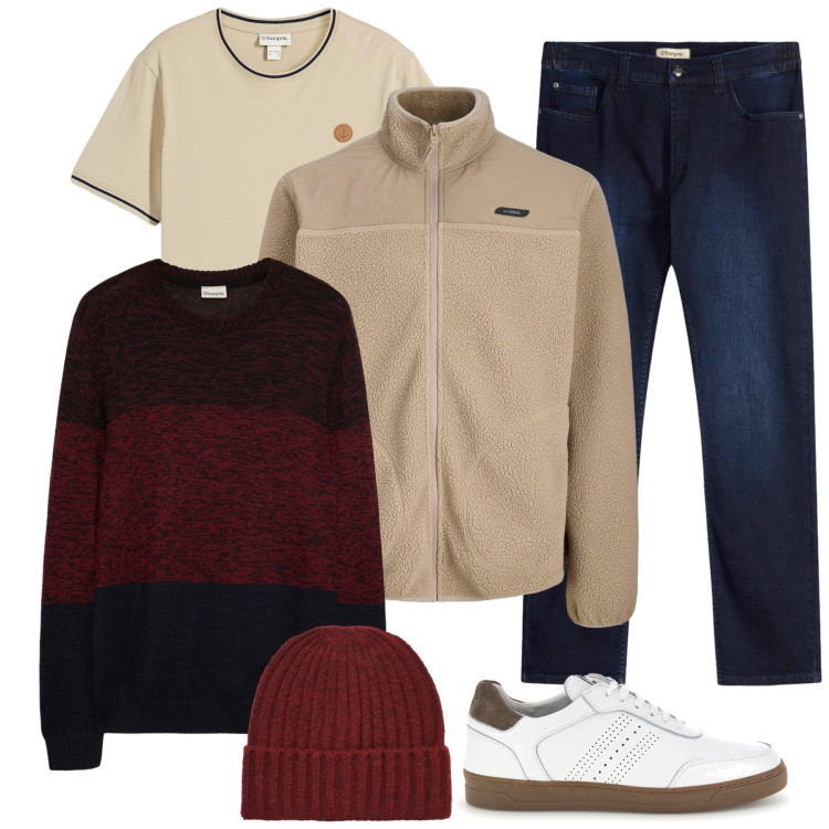 Outfit uomo - Total look #2486892. Stile Casual per Tutti i giorni. Abbinamento con t-shirt, jeans slim fit, maglieria, giacche, berretti, sneakers.