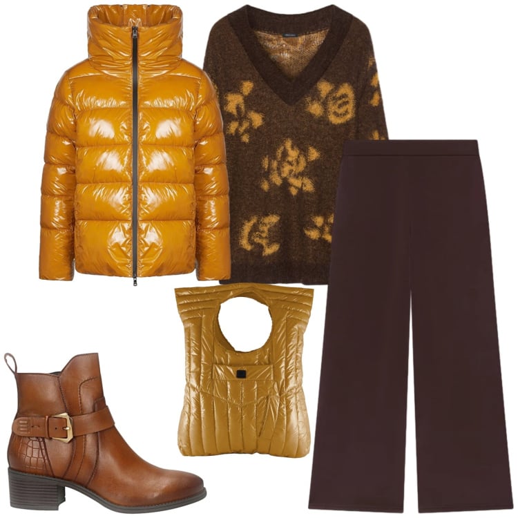 Outfit donna - Total look #2486909. Stile Casual chic per Ufficio. Abbinamento con maglieria, pantaloni, piumini, borse a mano, stivaletti.
