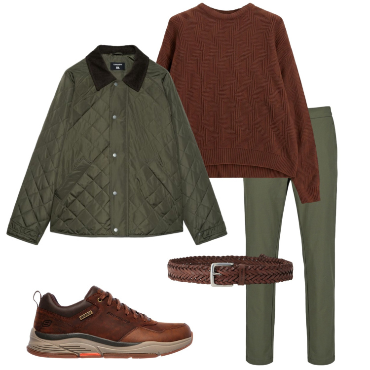 Outfit uomo - Toni del bosco. Stile Urban per Tutti i giorni. Abbinamento con maglieria, cinture, pantaloni, giacche, sneakers.