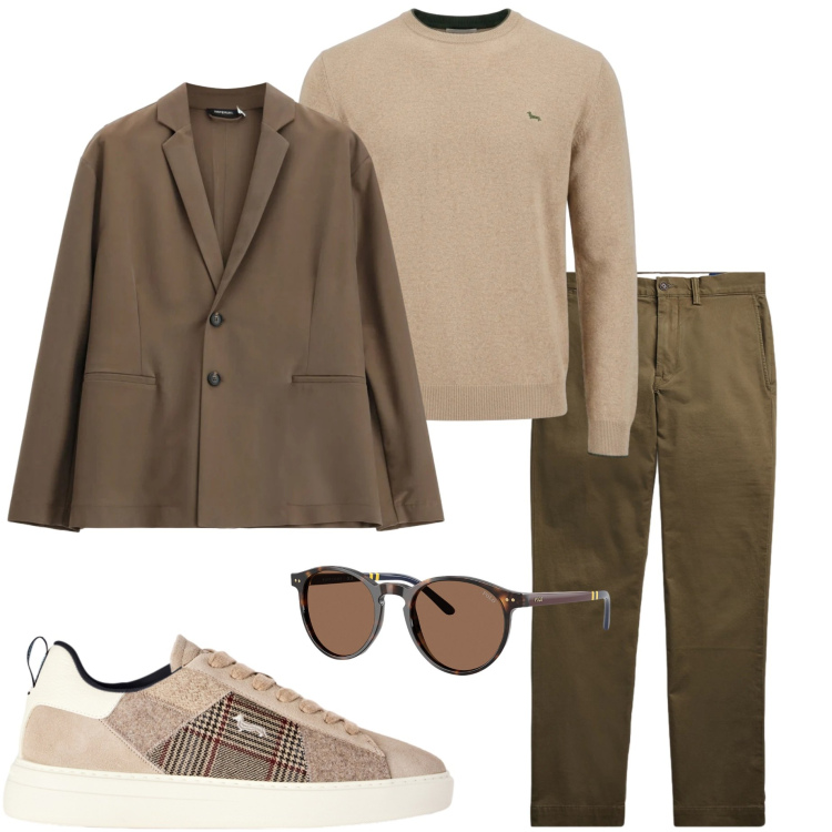 Outfit uomo - Toni della terra. Stile Urban per Tutti i giorni. Abbinamento con sneakers, maglieria, giacche, occhiali da sole, pantaloni.