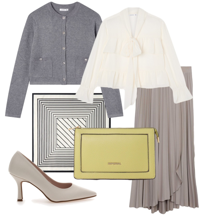 Outfit donna - Ottobre. Stile Chic per Tutti i giorni. Abbinamento con borse a tracolla, foulard, cardigans, camicie, gonne lunghe, décolleté.