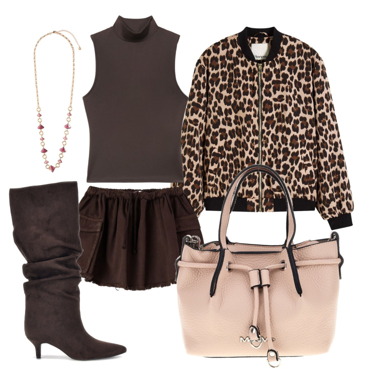 Outfit donna - Ottobre. Stile Trendy per Tutti i giorni. Abbinamento con collane, top, minigonne, bomber, stivali sopra il ginocchio, borse a spalla.