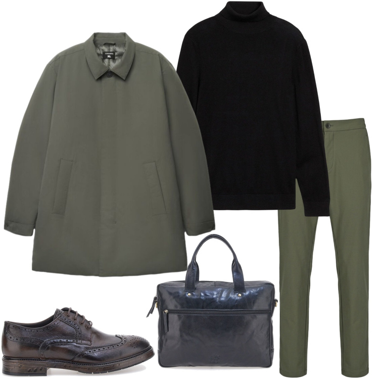 Outfit uomo - Il trench maschile. Stile Urban per Ufficio. Abbinamento con pantaloni, trench, maglieria, scarpe stringate, borse sportive.