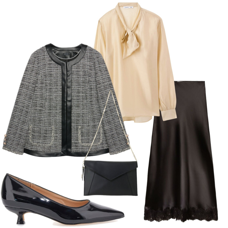 Outfit donna - Stile ladylike. Stile Chic per Serata fuori. Abbinamento con borse a tracolla, blazer, gonne lunghe, bluse, décolleté.