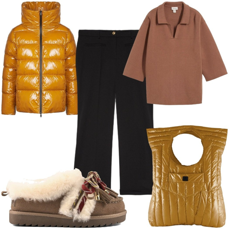 Outfit donna - Total look #2486933. Stile Etnico per Tutti i giorni. Abbinamento con pantaloni, piumini, borse a mano, stivali, polo.