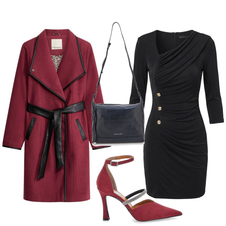 Outfit donna - Cappotto con cintura. Stile Casual per Serata fuori. Abbinamento con vestiti corti, cappotti, décolleté, borse a tracolla.