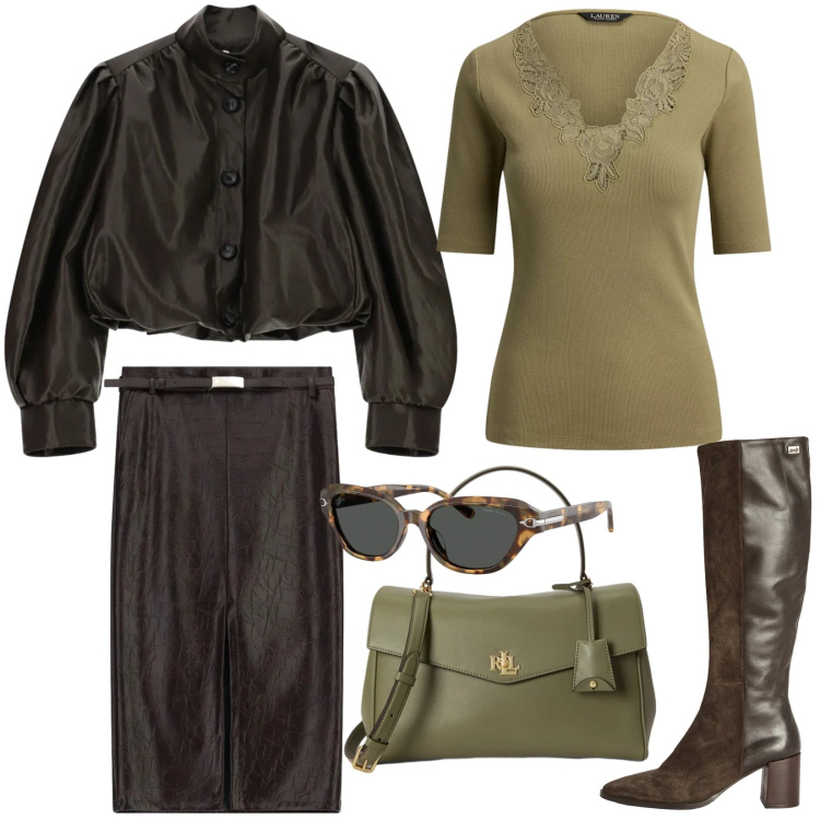 Outfit donna - Total look #2486964. Stile Urban per Tutti i giorni. Abbinamento con stivali, gonne longuette, giacche, t-shirt, borse a mano, occhiali da sole.