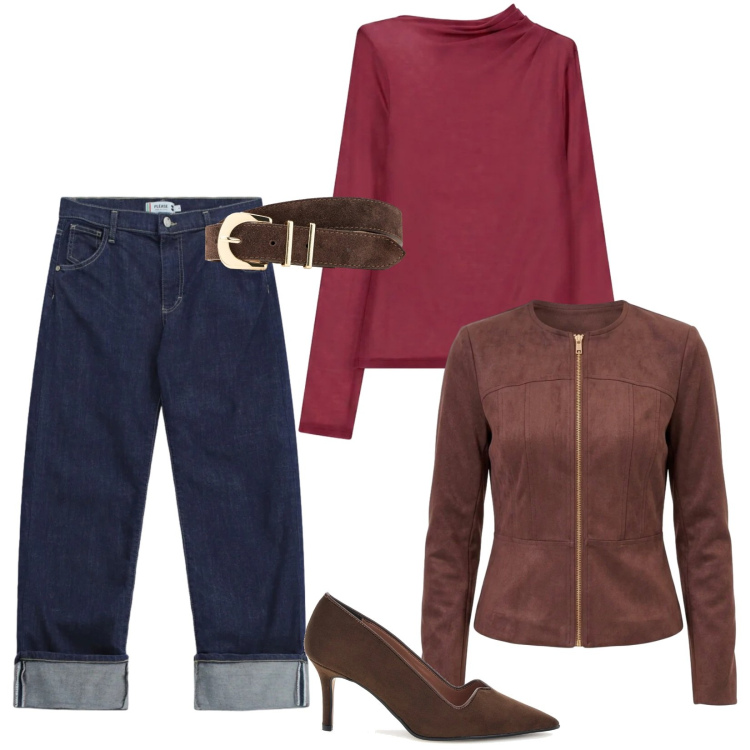 Outfit donna - Total look #2486968. Stile Trendy per Tutti i giorni. Abbinamento con t-shirt, jeans dritti, blazer, décolleté, cinture.