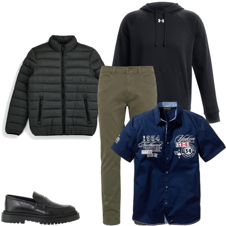 Outfit uomo - Total look #2486970. Stile Casual per Tutti i giorni. Abbinamento con pantaloni, scarpe stringate, camicie a manica corta, felpe con cappuccio, piumini.