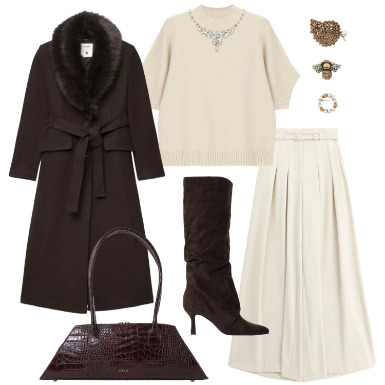 Outfit donna - Soffice panna che incontra il caffè. Stile Glamour per Serata fuori. Abbinamento con cappotti, pantaloni a palazzo, maglieria, stivali, borse a spalla, accessori per capelli.