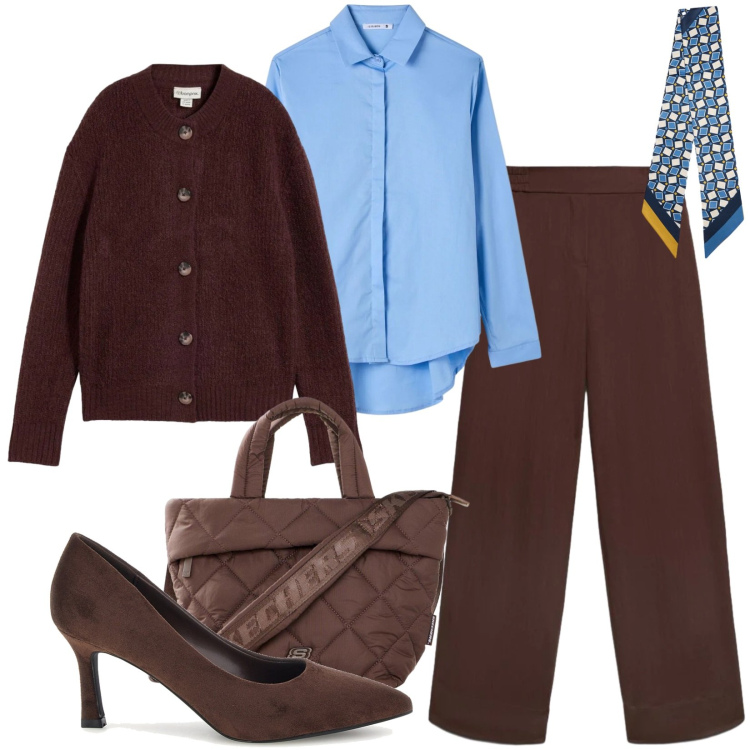 Outfit donna - Total look #2486981. Stile Casual per Ufficio. Abbinamento con foulard, pantaloni, camicie, cardigans, décolleté, borse tote.