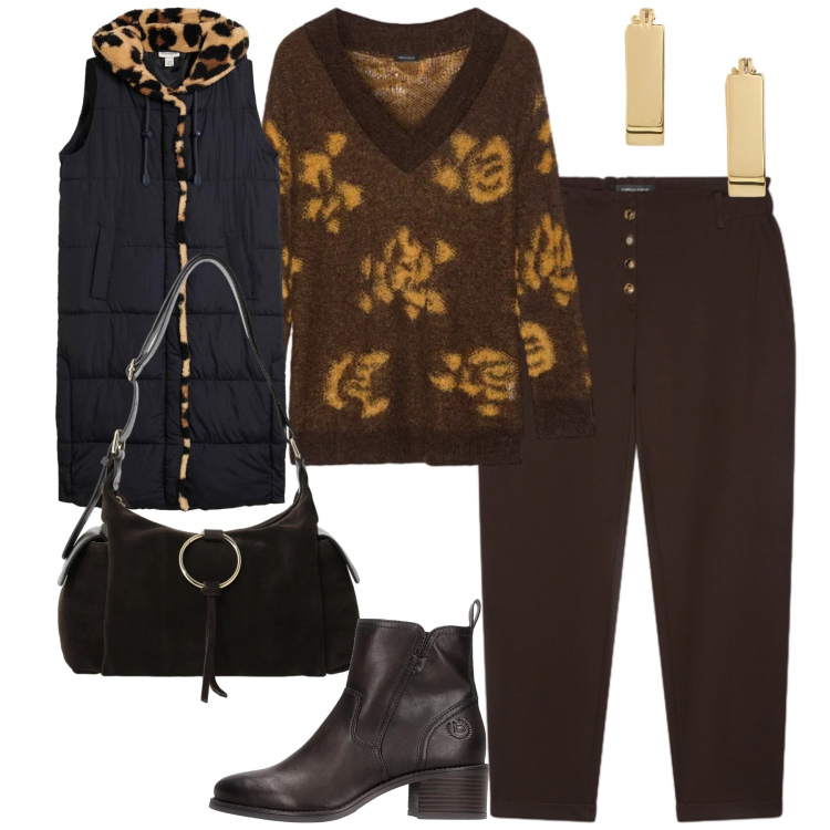 Outfit donna - Fall colors. Stile Urban per Tutti i giorni. Abbinamento con pantaloni, maglieria, borse a spalla, orecchini, piumini, stivaletti.