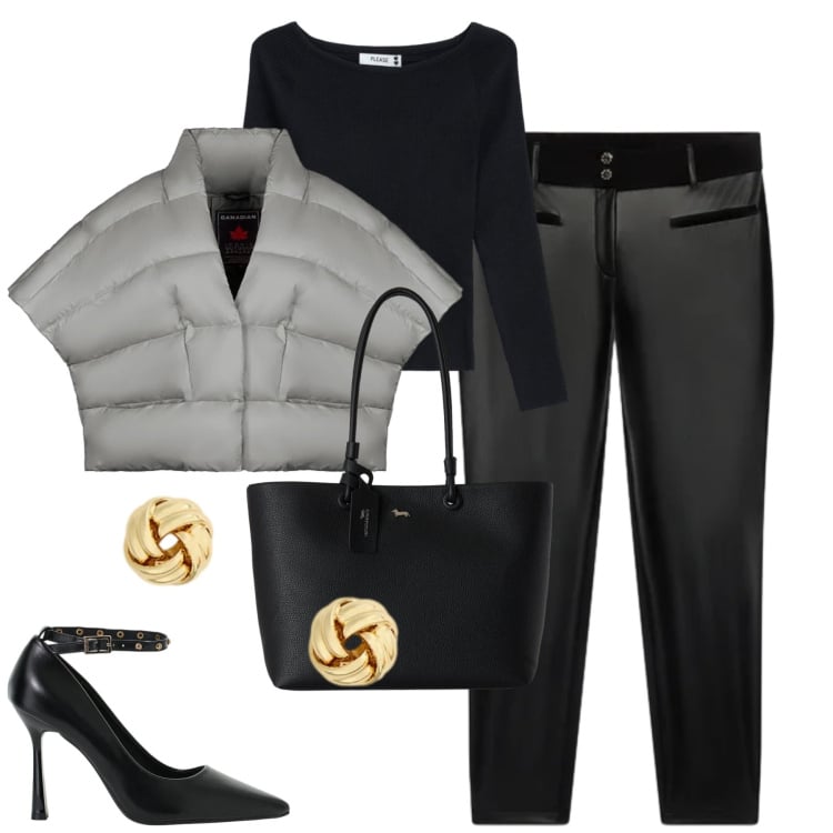 Outfit donna - Urban vibes. Stile Urban per Tutti i giorni. Abbinamento con shopping bag, décolleté, pantaloni skinny, orecchini, maglieria, piumini.