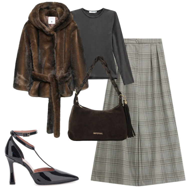 Outfit donna - Fall. Stile Urban per Tutti i giorni. Abbinamento con borse a spalla, pantaloni a palazzo, t-shirt, blazer, décolleté.