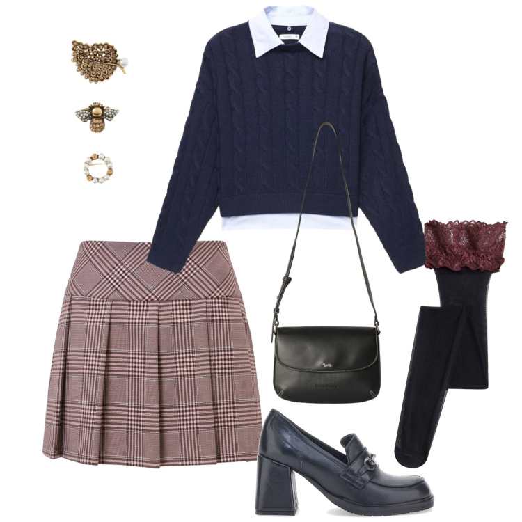 Outfit donna - Stile Preppy autunnale. Stile Preppy per Tutti i giorni. Abbinamento con borse a tracolla, accessori per capelli, minigonne, maglieria, mocassini, calzini.