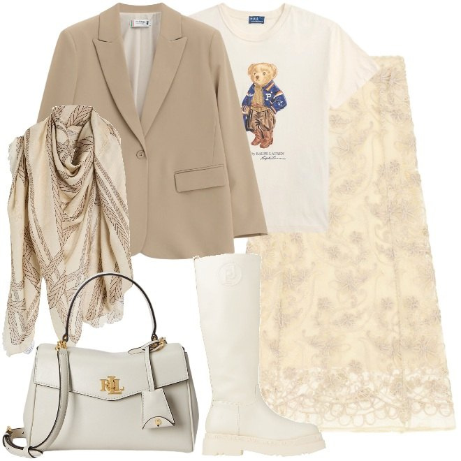 Outfit donna - Solo toni chiari. Stile Glamour per Tutti i giorni. Abbinamento con gonne longuette, borse a mano, t-shirt, blazer, stivali, sciarpe.