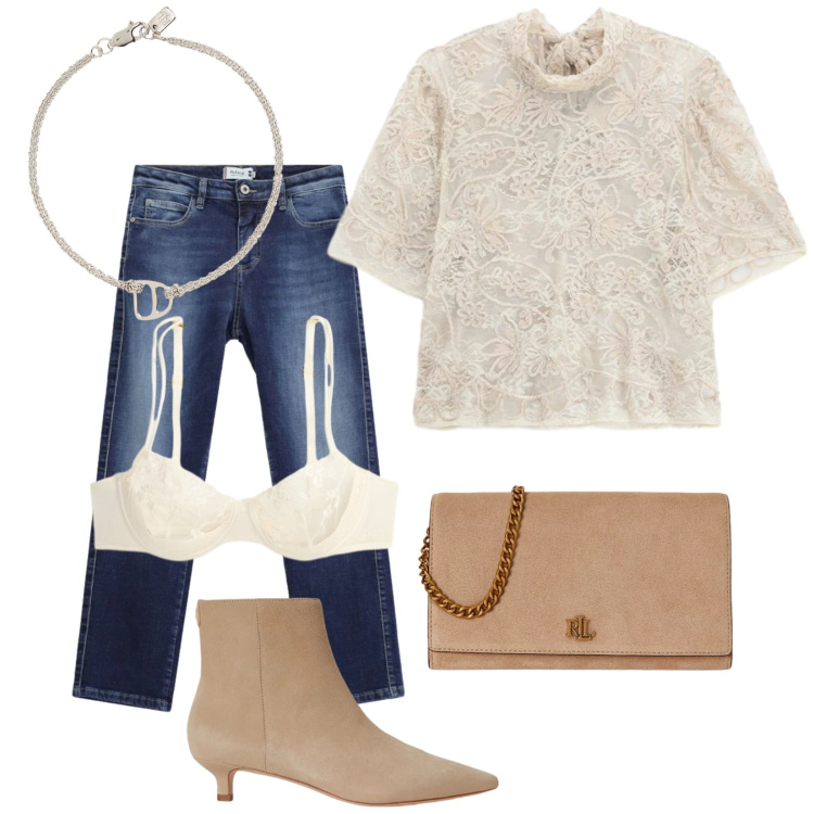 Outfit donna - Total look #2487007. Stile Glamour per Serata fuori. Abbinamento con top, reggiseni, braccialetti con ciondoli, borse a tracolla, stivaletti, jeans dritti.