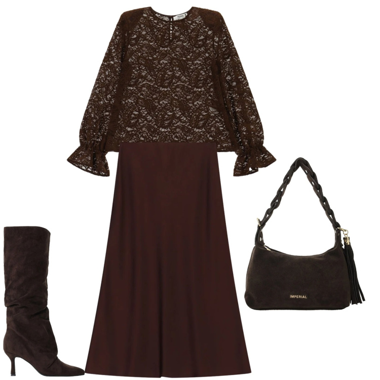 Outfit donna - Total look #2487008. Stile Trendy per Serata fuori. Abbinamento con gonne longuette, borse a spalla, stivali, bluse.