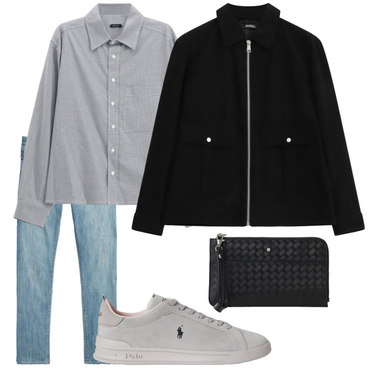 Outfit uomo - Total look #2487009. Stile Trendy per Tutti i giorni. Abbinamento con camicie, cappotti, portafogli, sneakers, jeans.
