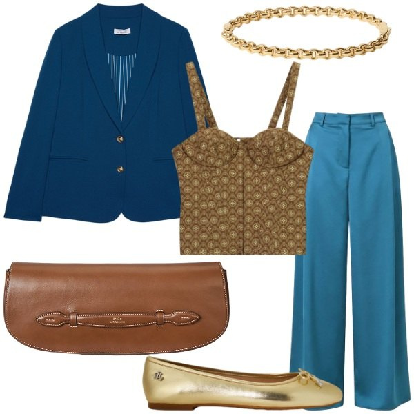 Outfit donna - Le serate d'ottobre in galleria. Stile Glamour per Serata fuori. Abbinamento con top, blazer, clutch, ballerine, braccialetti, pantaloni a palazzo.