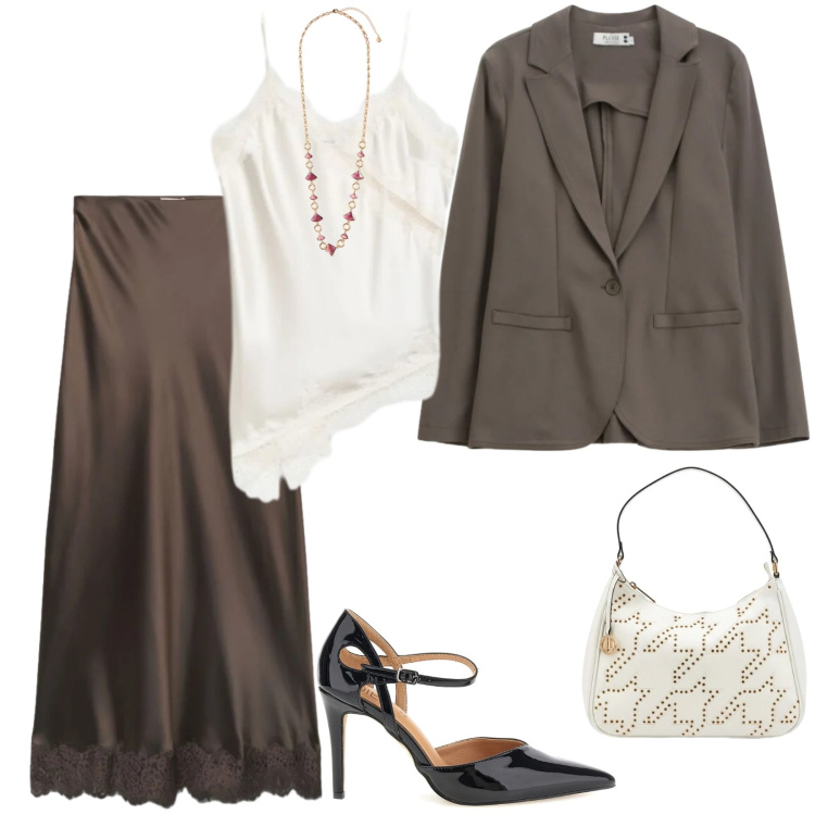 Outfit donna - Total look #2487013. Stile Trendy per Tutti i giorni. Abbinamento con canottiere, gonne lunghe, blazer, collane, borse a tracolla, décolleté.