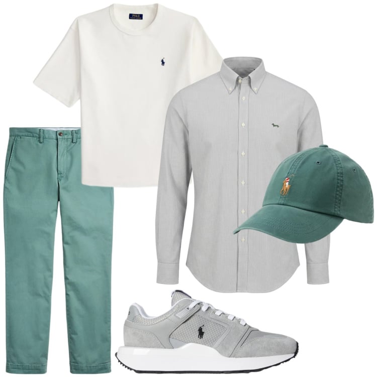 Outfit uomo - Total look #2487017. Stile Trendy per Tutti i giorni. Abbinamento con camicie, pantaloni, cappelli con visiera, t-shirt, sneakers.