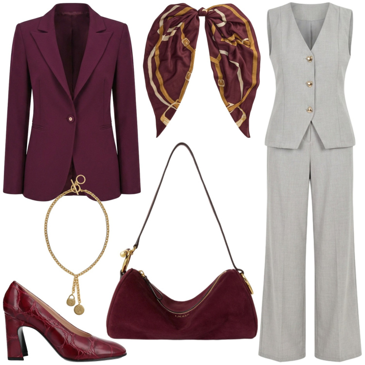 Outfit donna - Chic in ufficio. Stile Chic per Tutti i giorni. Abbinamento con borse a spalla, foulard, ciondoli, blazer, tute, décolleté.