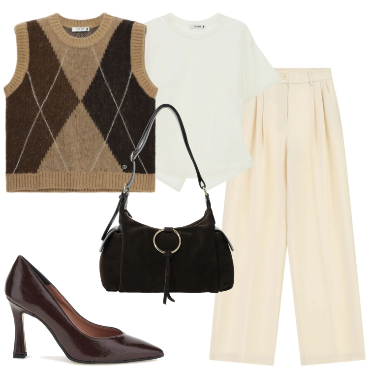 Outfit donna - City. Stile Urban per Tutti i giorni. Abbinamento con pantaloni a palazzo, borse a spalla, maglieria, t-shirt, décolleté.