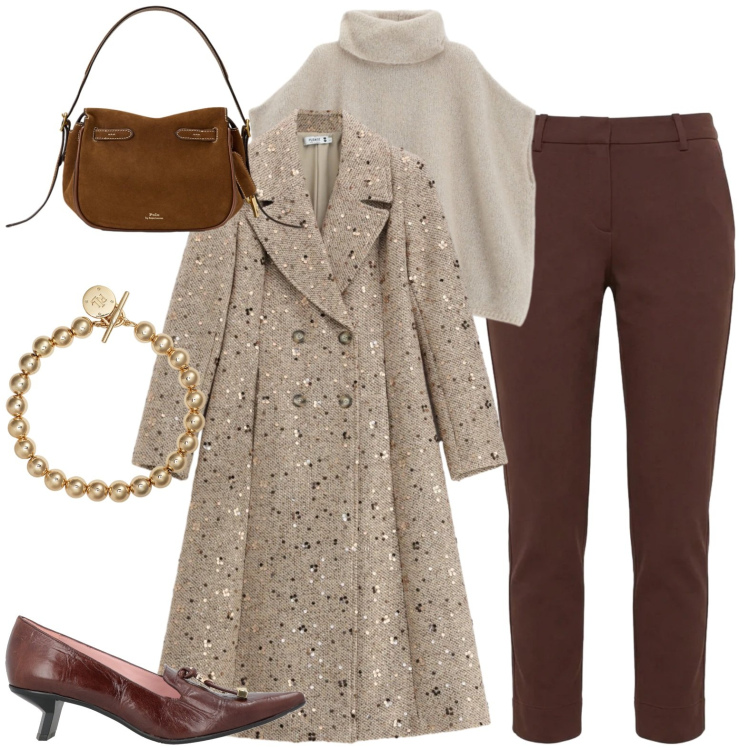 Outfit donna - Colori dell'inverno. Stile Casual chic per Ufficio. Abbinamento con pantaloni, braccialetti, borse a mano, cappotti, maglieria, décolleté.