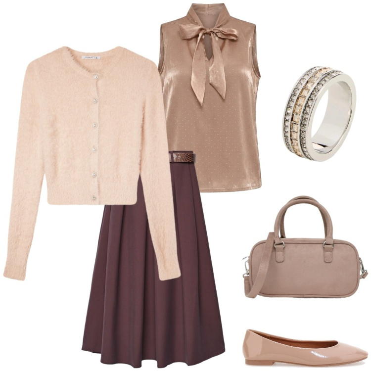 Outfit donna - Altri tempi. Stile Chic per Ufficio. Abbinamento con top, cardigans, borse a tracolla, gonne lunghe, anelli, ballerine.
