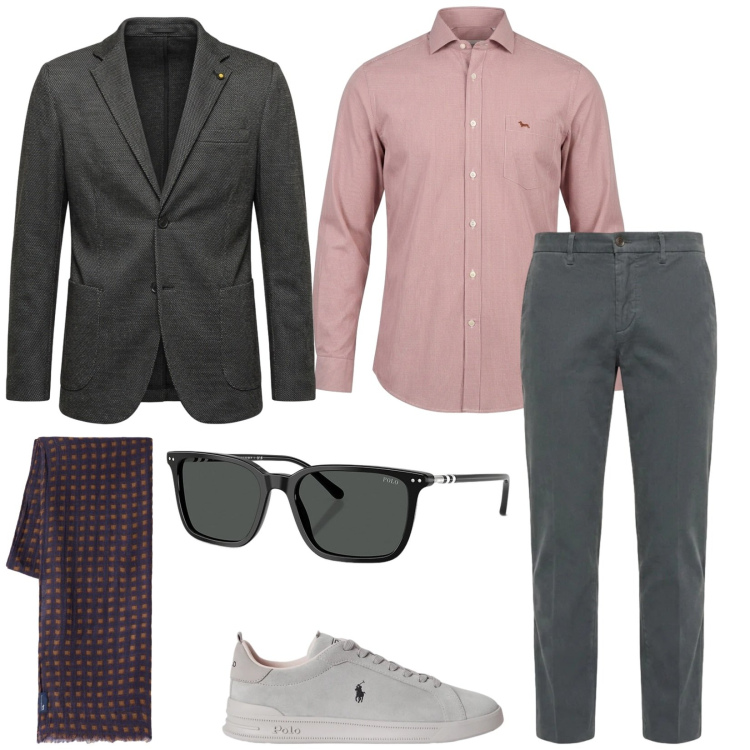 Outfit uomo - Total look #2487084. Stile Business/Elegante per Ufficio. Abbinamento con pantaloni, camicie, sciarpe, giacche, occhiali da sole, sneakers.
