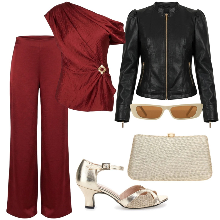 Outfit donna - Pelle e seta. Stile Chic per Cerimonia. Abbinamento con occhiali da sole, pantaloni a palazzo, giacche, top, clutch, décolleté.
