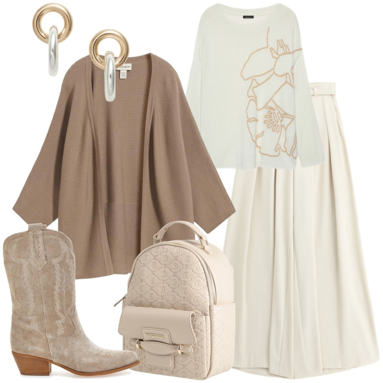 Outfit donna - Nocciola e panna. Stile Casual chic per Ufficio. Abbinamento con maglieria, pantaloni a palazzo, orecchini, zaini, cardigans, stivaletti texani.
