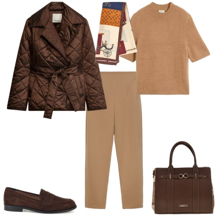 Outfit donna - Autunno in ufficio. Stile Urban per Ufficio. Abbinamento con giacche, maglieria, pantaloni, foulard, mocassini, shopping bag.