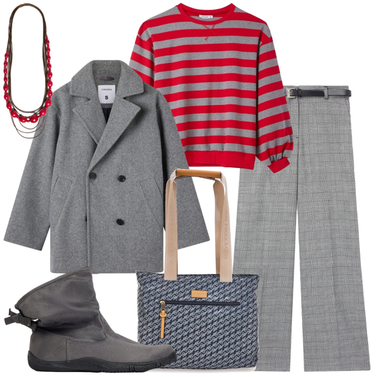 Outfit donna - Casual chic. Stile Casual chic per Tutti i giorni. Abbinamento con collane, caban, t-shirt, pantaloni, borse a spalla, stivaletti.