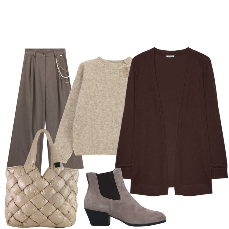 Outfit donna - Un morbido abbraccio. Stile Chic per Tutti i giorni. Abbinamento con pantaloni a palazzo, cardigans, maglieria, borse tote, stivaletti chelsea.