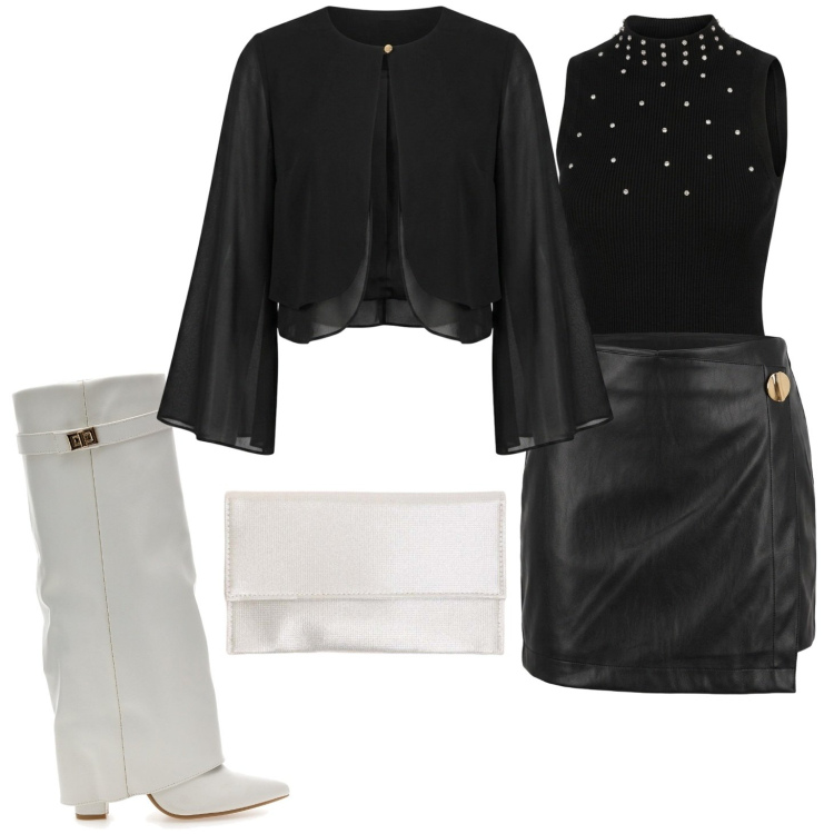 Outfit donna - Pelle e seta 3. Stile Sexy per Serata fuori. Abbinamento con pochette, top, blazer, minigonne, stivali sopra il ginocchio.