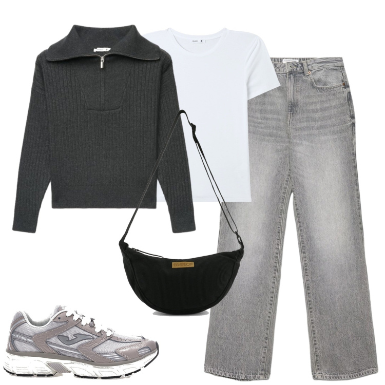 Outfit donna - Ottobre. Stile Basic per Tutti i giorni. Abbinamento con t-shirt, jeans dritti, maglieria, borse a tracolla, sneakers.