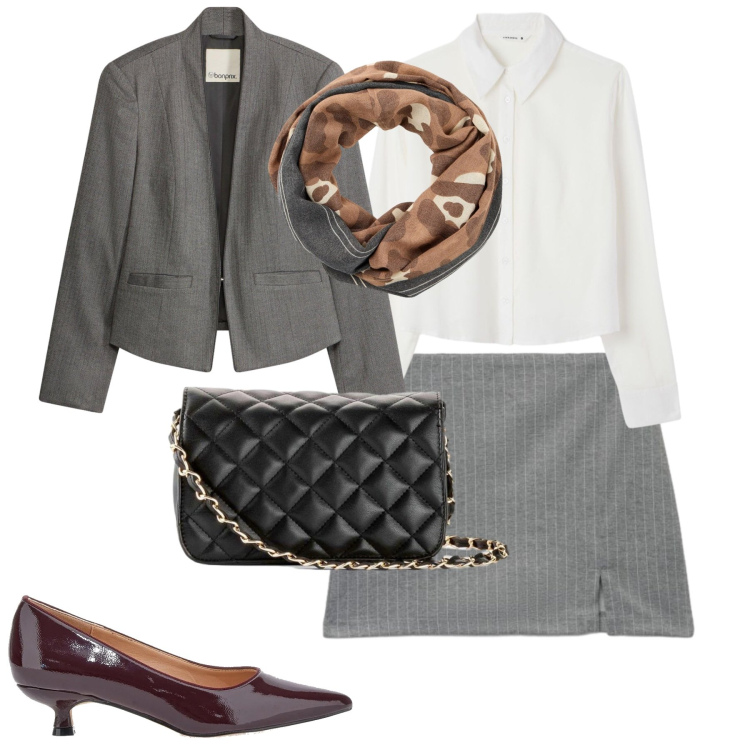 Outfit donna - In ufficio. Stile Trendy per Ufficio. Abbinamento con minigonne, camicie, décolleté, borse a tracolla, blazer, foulard.