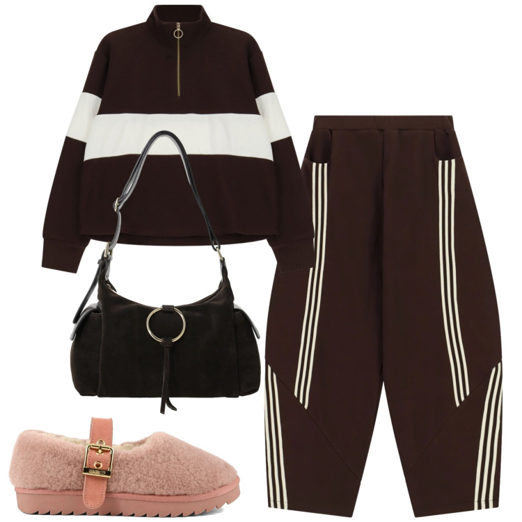 Outfit donna - Ottobre. Stile Trendy per Tutti i giorni. Abbinamento con borse a spalla, felpe, pantaloni, ballerine.