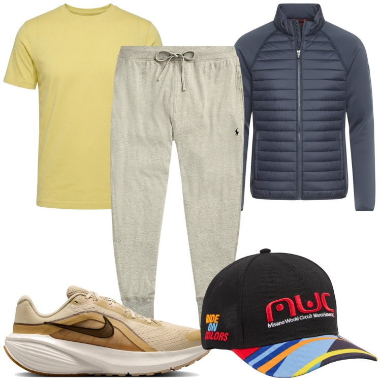 Outfit uomo - Total look #2487145. Stile Trendy per Sport. Abbinamento con t-shirt, pantaloni, cappelli con visiera, piumini, sneakers.